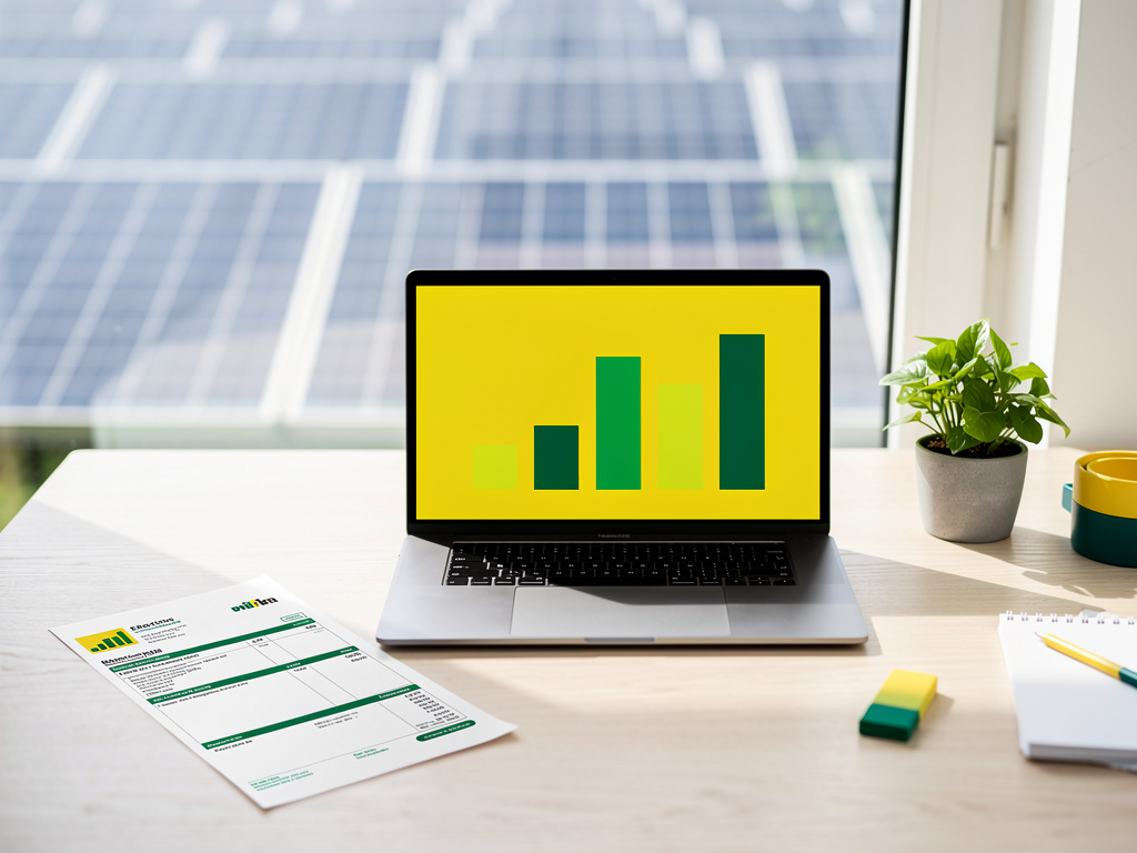 A paper electric bill beside a laptop with a simple yellow-and-green bar chart, no readable text.