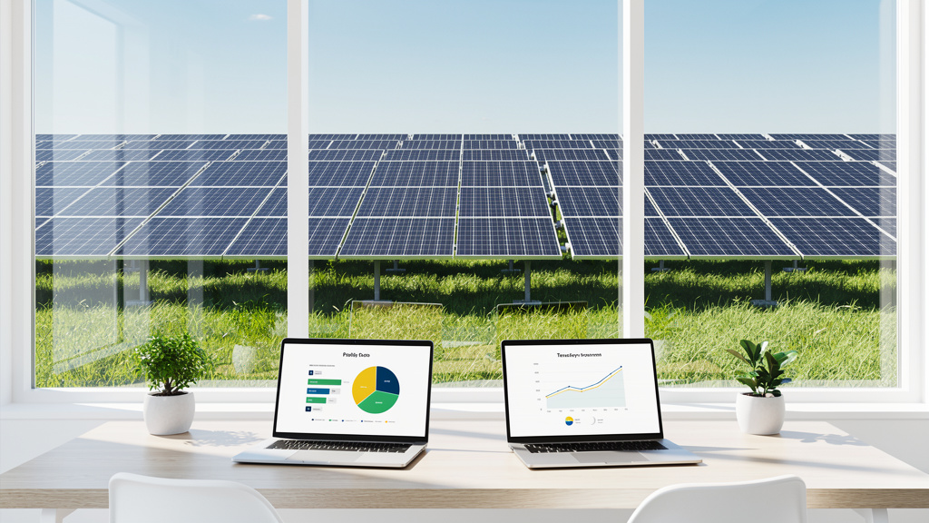 Rows of solar panels stretching across a green field under a clear blue sky, with soft sunlight glinting on the glass.