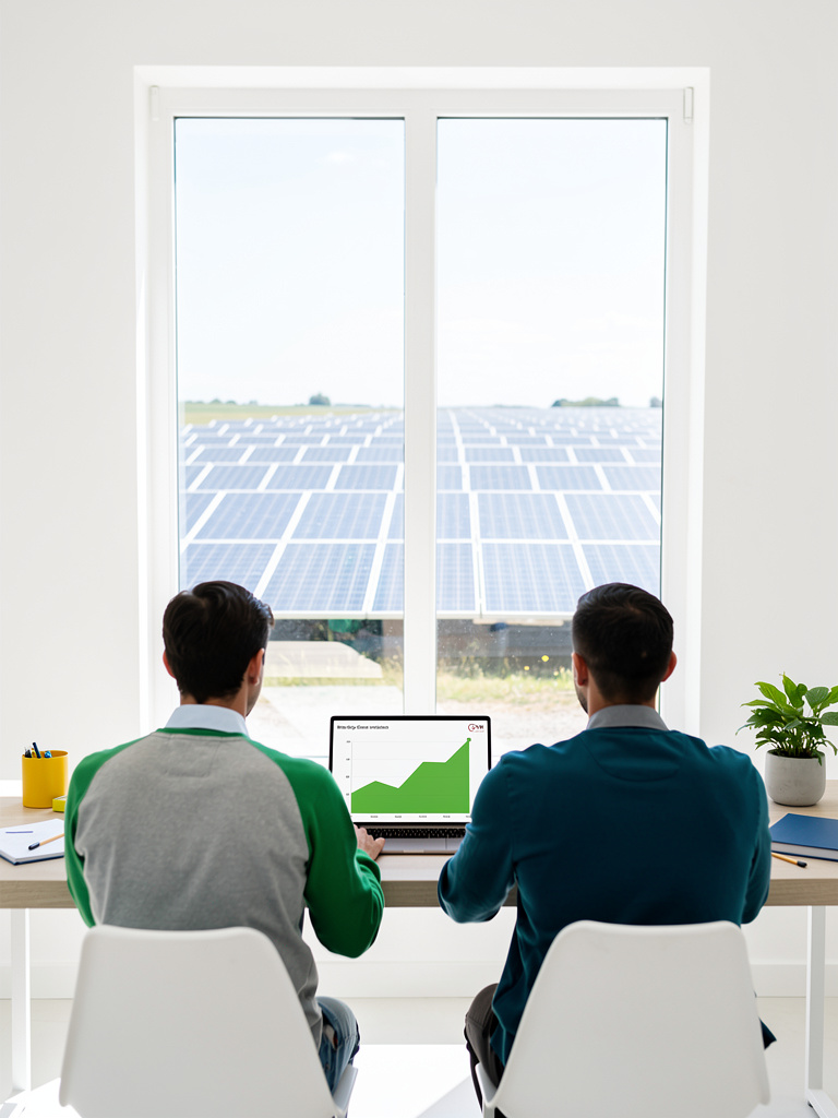 Two team members seen from behind at a light wood desk, a laptop with a simple green chart, solar panels visible through